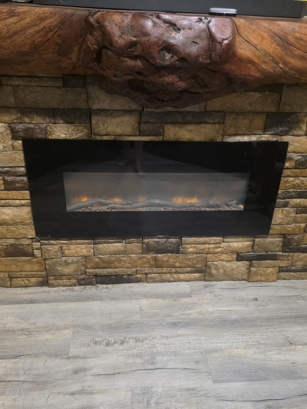 Maine Made Custom Mantel With Inserted Fire Place & Stone Design